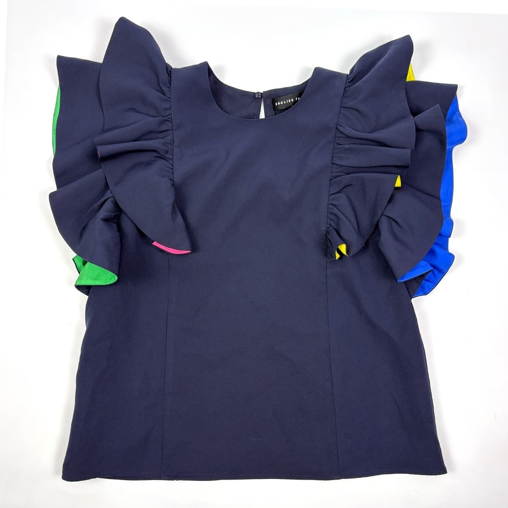 English Factory Colorblock Ruffle Sleeve Top Womens Sz XS Navy Blue Statement Bx